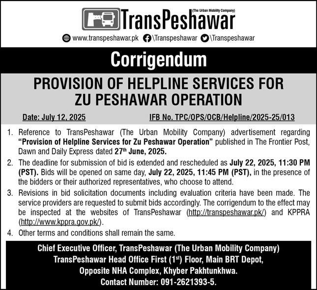 TransPeshawar Tender Notice